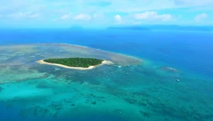 ケアンズ沖のグレートバリアリーフに浮かぶ小島とサンゴ礁の海を上空から撮影した風景