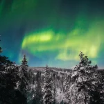 ロヴァニエミの夜空に広がる緑色のオーロラと雪に包まれた森の風景