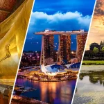 バンコクの涅槃仏とシンガポール夜景、アンコールワットを組み合わせたアジア周遊イメージ