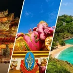 アジア周遊旅行をイメージした寺院、ガネーシャ像、ビーチリゾートのコラージュ