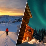 雪景色の中のロッジと夜空に広がるオーロラが印象的な冬の旅行風景