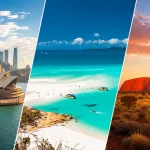 オーストラリア旅行で人気のシドニー、白砂ビーチ、ウルルを並べた絶景イメージ