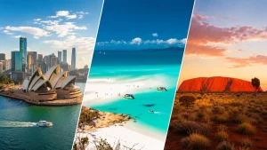 オーストラリア旅行で人気のシドニー、白砂ビーチ、ウルルを並べた絶景イメージ