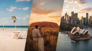 オーストラリア新婚旅行におすすめのビーチリゾート、ウルル、シドニーを組み合わせたハネムーン絶景イメージ