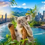 コアラとシドニー、ゴールドコーストの街並みを重ねたオーストラリア旅行イメージ