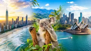 コアラとシドニー、ゴールドコーストの街並みを重ねたオーストラリア旅行イメージ