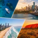 シドニーやゴールドコースト、ウルルなどオーストラリアの名所を集めた旅行イメージ