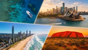 シドニーやゴールドコースト、ウルルなどオーストラリアの名所を集めた旅行イメージ