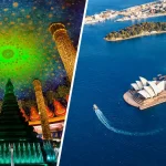バンコクの寺院とシドニー湾を組み合わせたタイ経由シドニー旅行のイメージ