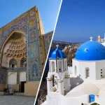 中央アジアのサマルカンド建築とヨーロッパの青い街並みを比較したハネムーンイメージ