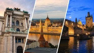 チェコ・ハンガリー・オーストリアを巡る中欧周遊をイメージした、プラハ・ブダペスト・ウィーンの景観コラージュ