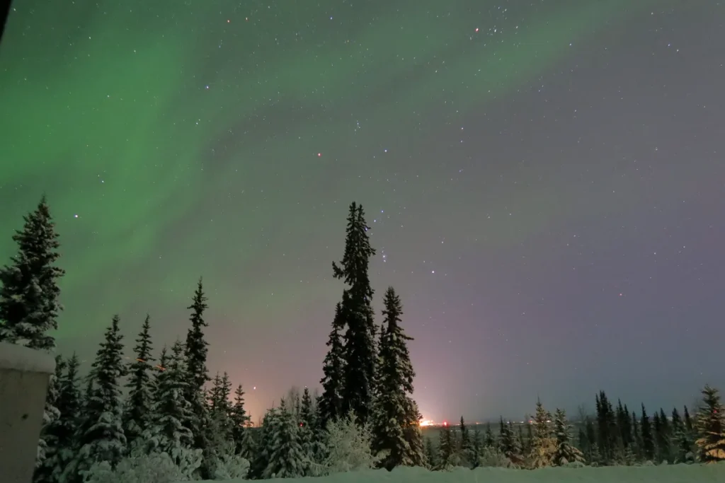 フェアバンクスの雪の森に広がる淡いオーロラと星空の夜景
