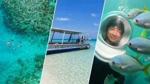 ケアンズのグレートバリアリーフで楽しむ空撮リーフ、オーシャンスピリット、シーウォーカー体験 キャプション案：