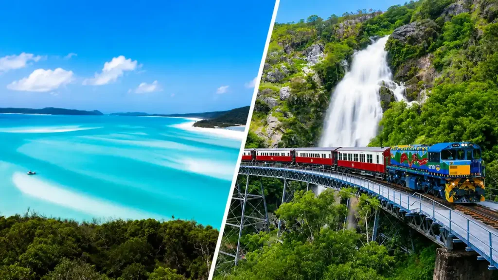 ハミルトン島の白砂ビーチとケアンズの熱帯雨林鉄道を並べたハネムーン比較画像