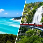 ハミルトン島の白砂ビーチとケアンズの熱帯雨林鉄道を並べたハネムーン比較画像