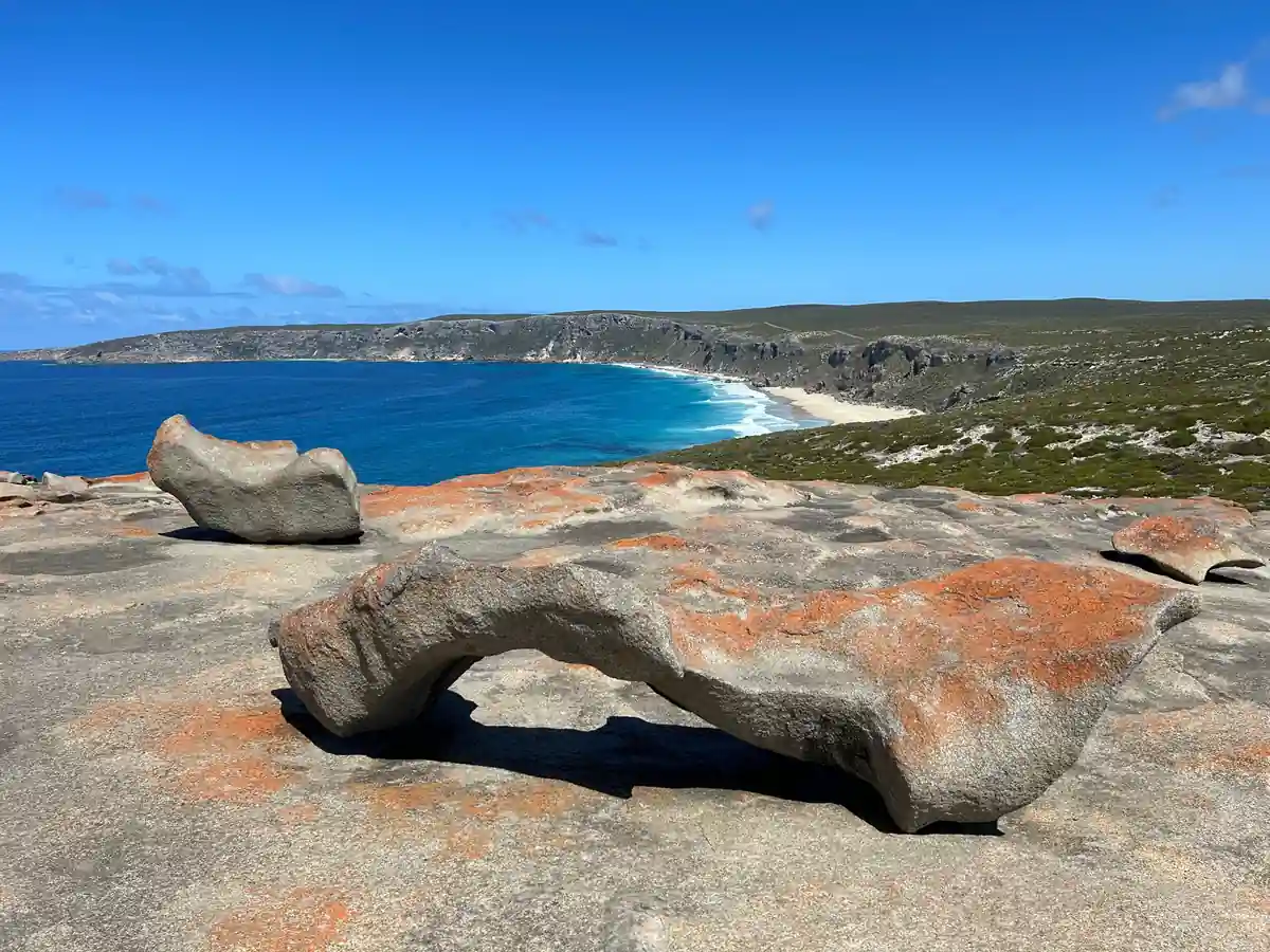 カンガルー島のリマーカブルロックスと青い海岸線を望む明るい絶景