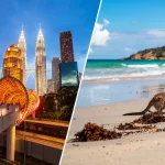 クアラルンプールの夜景とカンガルー島のビーチを組み合わせた周遊旅行イメージ