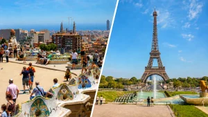 パリのエッフェル塔とバルセロナのグエル公園・サグラダ・ファミリアを並べた西欧周遊旅行のイメージ