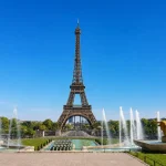 初めてのヨーロッパ旅行をイメージできる、パリのエッフェル塔とトロカデロ広場の噴水風景