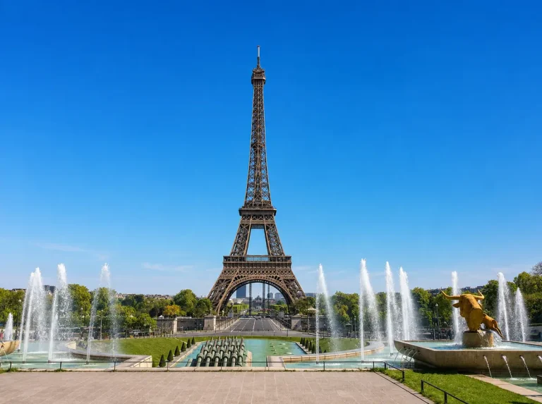 初めてのヨーロッパ旅行をイメージできる、パリのエッフェル塔とトロカデロ広場の噴水風景