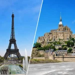 パリのエッフェル塔とモン・サン・ミシェルを対比して紹介するフランス旅行イメージ