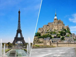 パリのエッフェル塔とモン・サン・ミシェルを対比して紹介するフランス旅行イメージ