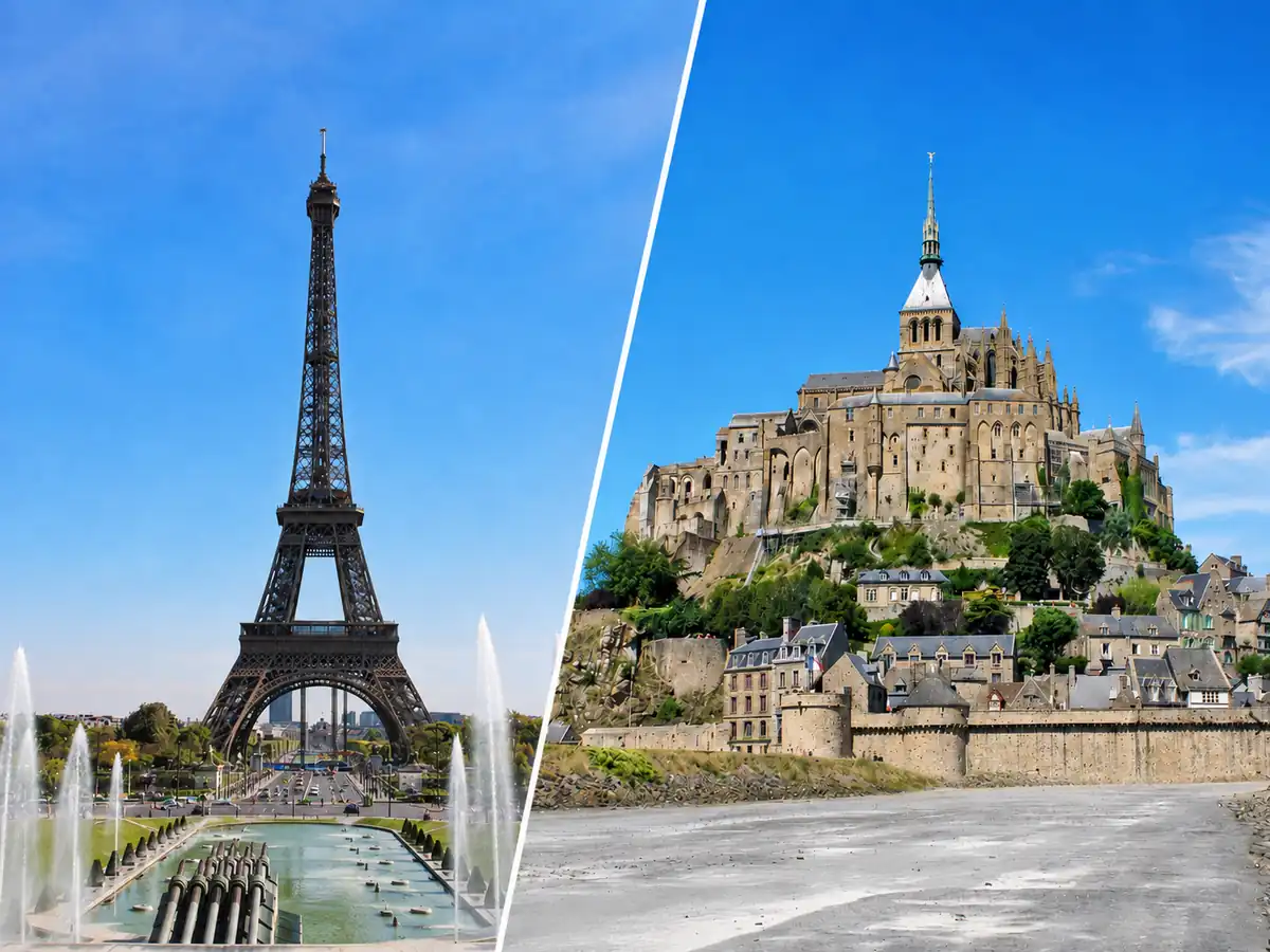 パリのエッフェル塔とモン・サン・ミシェルを対比して紹介するフランス旅行イメージ