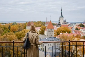 秋のタリン旧市街を展望台から眺めるバルト三国旅行の風景