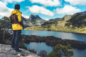 タスマニアの山と湖を望む展望地で、旅行者が雄大な自然風景を眺めている様子