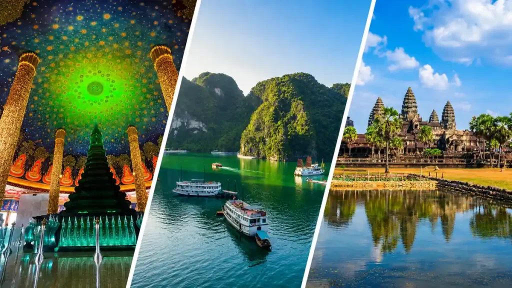 タイの寺院、ベトナムのハロン湾、カンボジアのアンコールワットを並べた周遊旅行イメージ