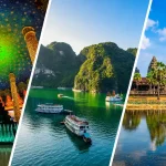 タイの寺院、ベトナムのハロン湾、カンボジアのアンコールワットを並べた周遊旅行イメージ