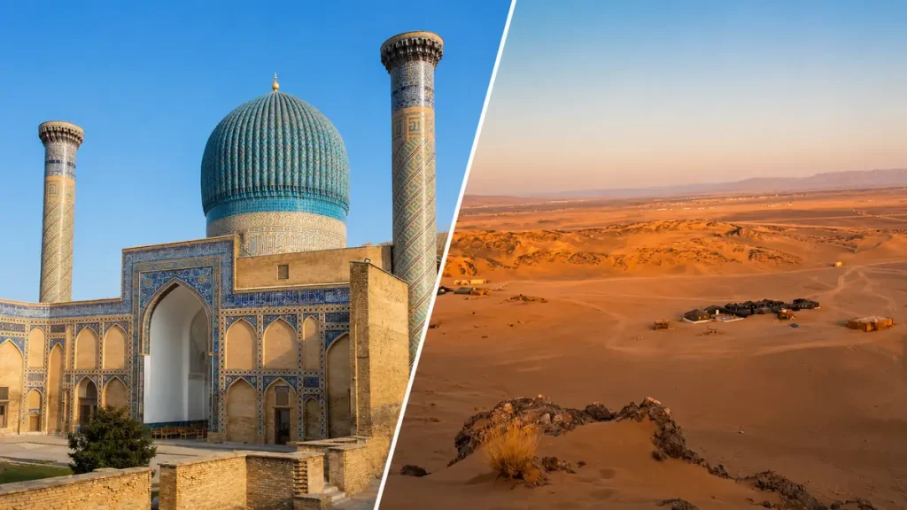 ウズベキスタンの青い建築と砂漠風景を並べた、定番以外のハネムーン候補比較イメージ