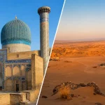 ウズベキスタンの青い建築と砂漠風景を並べた、定番以外のハネムーン候補比較イメージ