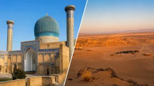 ウズベキスタンの青い建築と砂漠風景を並べた、定番以外のハネムーン候補比較イメージ
