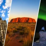 ヨーロッパの街並み、ウルル、オーロラを組み合わせた7日間海外旅行先のイメージ