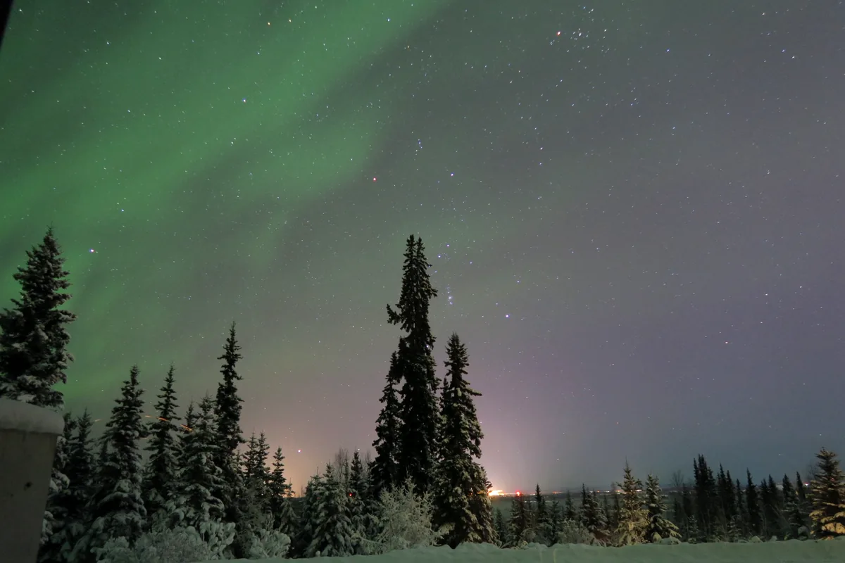アラスカの雪景色の森に広がるオーロラと星空の風景