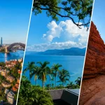シドニーの街並み、ケアンズの海、ウルル周辺の赤い大地を組み合わせたオーストラリア周遊イメージ