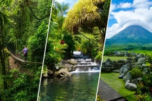 コスタリカのアレナル火山、熱帯林、吊り橋を組み合わせた自然旅の風景