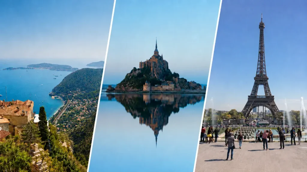パリ・モンサンミッシェル・南仏エズの絶景を1枚で表現したフランス周遊ハネムーンのイメージ画像