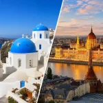 ギリシャのサントリーニ島とハンガリーのブダペストを象徴する風景を組み合わせた周遊旅行イメージ