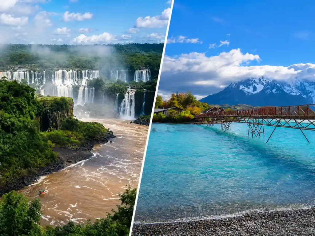 イグアスの滝とパタゴニアの湖と山を組み合わせた南米周遊の風景
