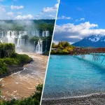 イグアスの滝とパタゴニアの湖と山を組み合わせた南米周遊の風景