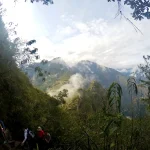 雲に包まれたマチュピチュの山岳風景と遺跡へ向かう山道
