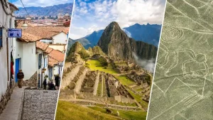 ペルーのクスコ、マチュピチュ、ナスカの地上絵を組み合わせた周遊旅行イメージ