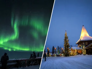 ロヴァニエミのオーロラとサンタクロース村の雪景色を組み合わせた旅行イメージ