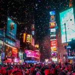 ニューヨークのタイムズスクエアで紙吹雪が舞う年越しカウントダウン