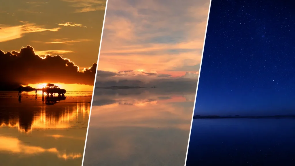ウユニ塩湖のサンセット、朝焼け、星空を並べた絶景イメージ