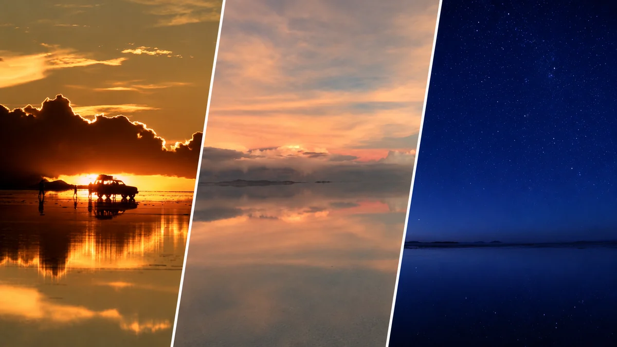 ウユニ塩湖のサンセット、朝焼け、星空を並べた絶景イメージ