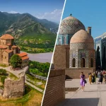 ウズベキスタンの青い建築とコーカサスの山岳修道院を比較する旅風景