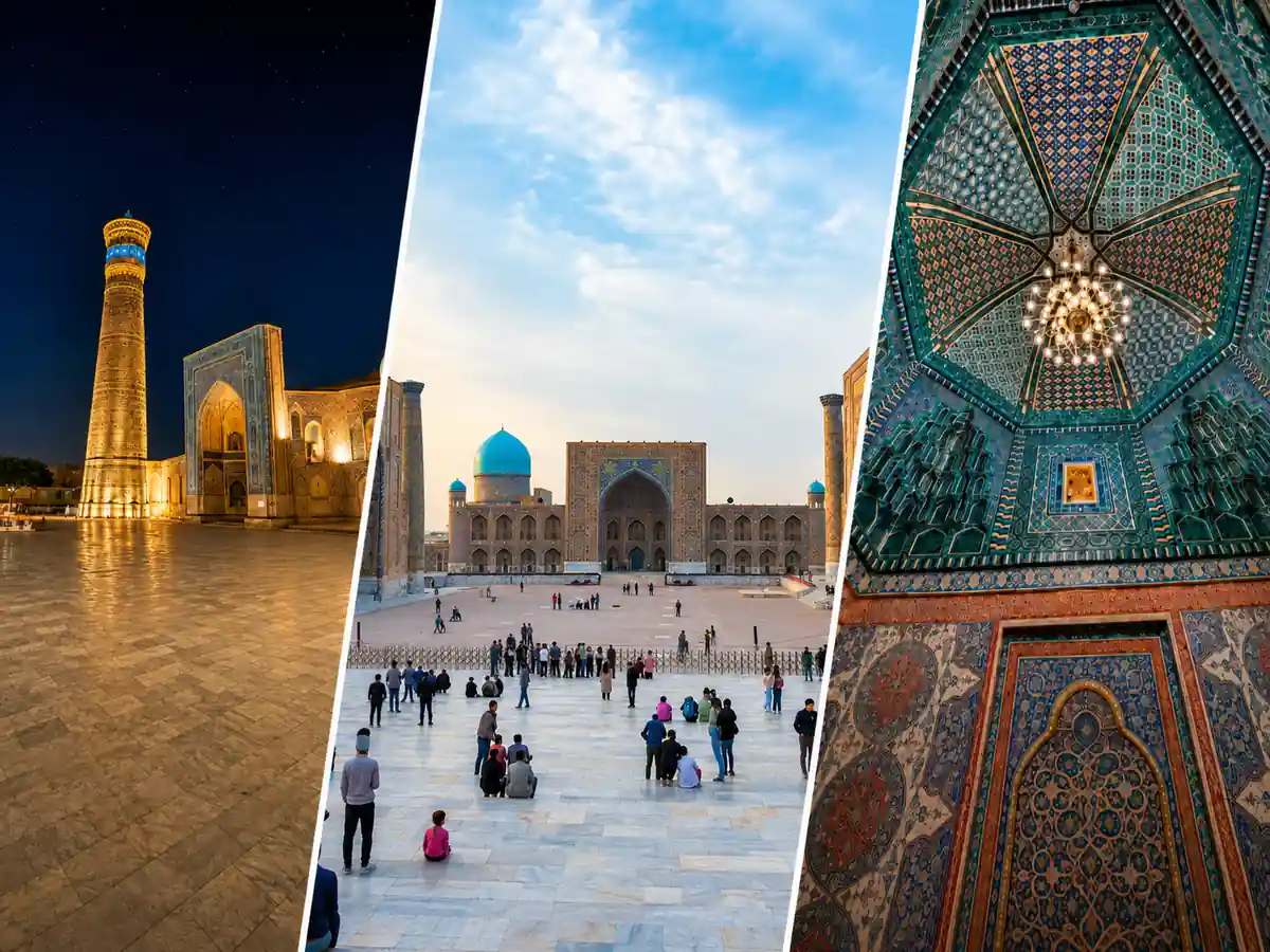 ウズベキスタンのサマルカンド・ブハラ・ヒヴァを巡るシルクロード建築の合成写真